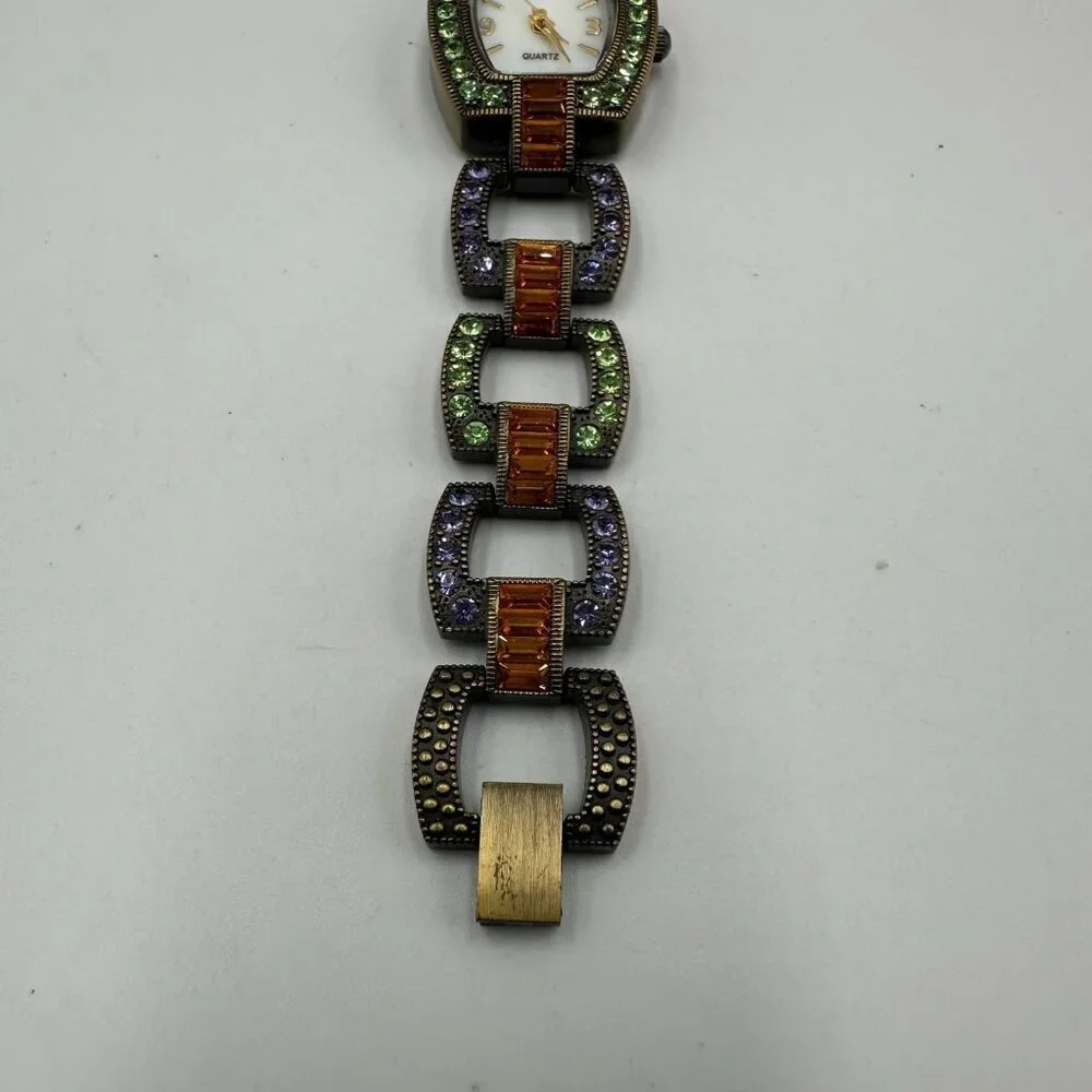 LA Vintage Rhinestone Watch Women Bronze Tone Green Purple New Battery 6.75 Inch